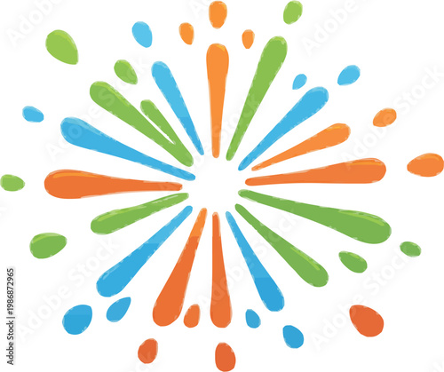 A vibrant, multi-directional splash of paint in a minimalist 2D design featuring primary and secondary colors, isolated against a white background, creates a cheerful and dynamic visual effect