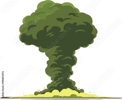 A massive, multi-layered cloud of volcanic ash and smoke in shades of slate grey and dark brown rises majestically from the earths surface, creating a minimalist 2D illustration with clean outlines