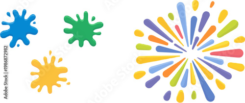 A minimalist 2D design features three vibrant, multi-colored splashes of paint in primary and secondary colors, isolated against a white background with clean outlines and no shadows