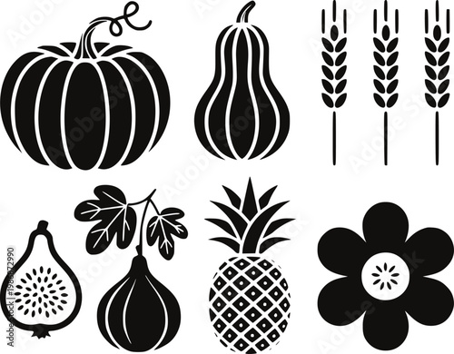 Black silhouette of autumn harvest fruits, wheat, pineapple, and flower white pumpkin