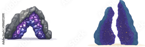 A minimalist 2D illustration of a massive flat vector geode split in half, showcasing a sparkling purple interior against a grey rocky exterior with clean outlines and no shadows