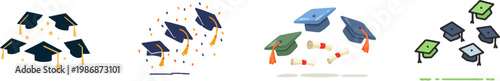A vibrant illustration of graduation caps and diploma icons in a clean, flat vector style with muted gold accents against a white background