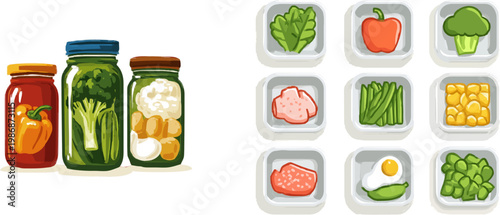 Three colorful jars filled with vibrant vegetables, proteins, and grains, arranged neatly on a clean white background