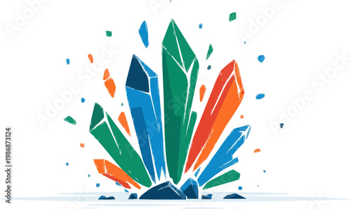 A minimalist illustration of shattered stained glass fragments in vibrant shades of blue, green, orange, and red, creating a kaleidoscopic effect against a white background