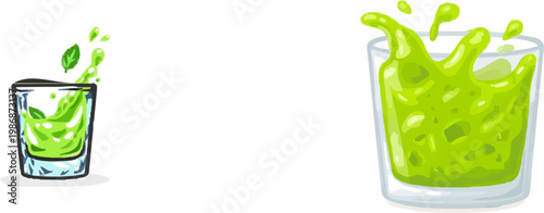 A minimalist flat design features a crystal glass filled with a vibrant green elixir, adorned with mint leaves, against a clean white background