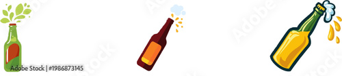 A minimalist flat 2D graphic of a cold beer bottle opening with a small white vapor puff and golden droplets, set against a clean white background