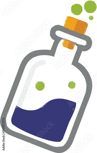 A minimalist flat design illustrates a chemistry experiment where purple liquid changes to green with a small pop of vapor in a clear bottle against a white background