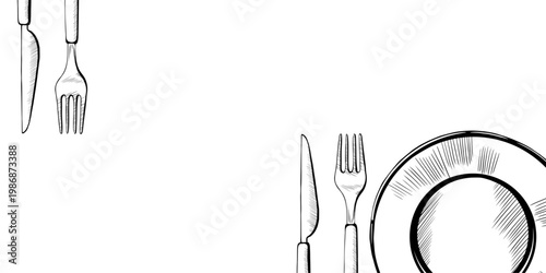 Tableware corner frame in minimalist black and white vector line art. Top view plate with knife and fork for restaurant menu layout, wedding dinner invitation and catering branding graphics