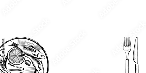 Sardine dish and cutlery banner in minimalist black and white vector line art. Horizontal layout with plate and utensils for seafood restaurant website header, fish menu design and social media