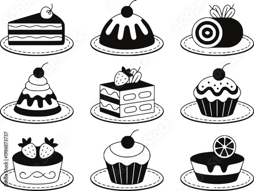 Collection of black and white hand-drawn desserts, cakes, and pastries plates pastry