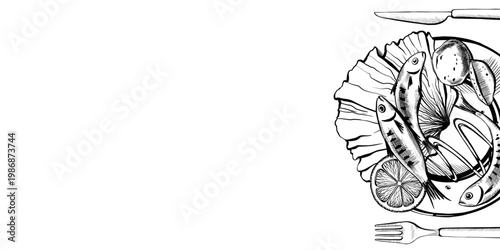 Sardine dish layout with copy space in minimalist vector line art. Right side plate composition for seafood restaurant website header, organic fish menu cover and healthy food branding graphics