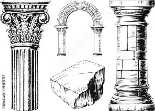 Collection of antique architectural corinthian column, stone archway, and rough rock