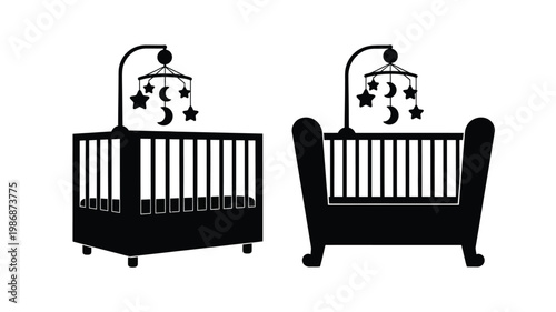 Two baby cribs with a mobile above a dark silhouette