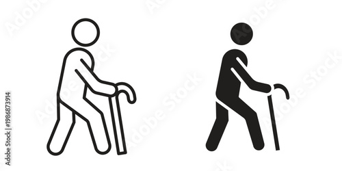 Walking stick icon design. Editable outlined stroke and solid symbols