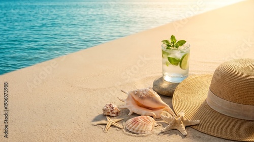 Mojito cocktail with lime and mint on tropical beach sand with seashell and sun hat. Refreshing summer drink by ocean. Vacation lifestyle, relaxation and holiday travel concept.