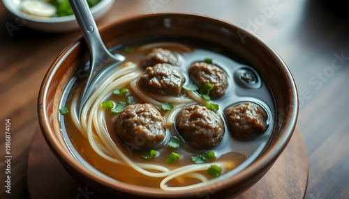 Bakso – Comfort Food Style. Indonesian bakso meatball soup with noodles and beef meatballs in clear broth, served in ceramic bowl, realistic food photography