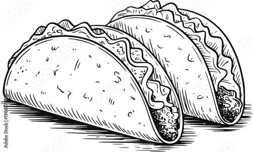 Hand-drawn black and white of delicious tacos a white background, food mexican