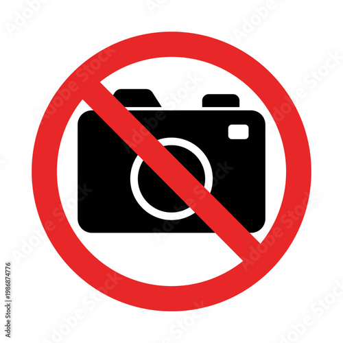 Vector illustration of a camera crossed out with a red prohibition sign. Concept of no photography, recording restriction, or privacy protection. Clean flat design isolated on light background.
