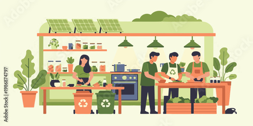 A family with a mother, boy, and children enjoys a cartoon vector illustration of a village farm garden home featuring a table and cafe