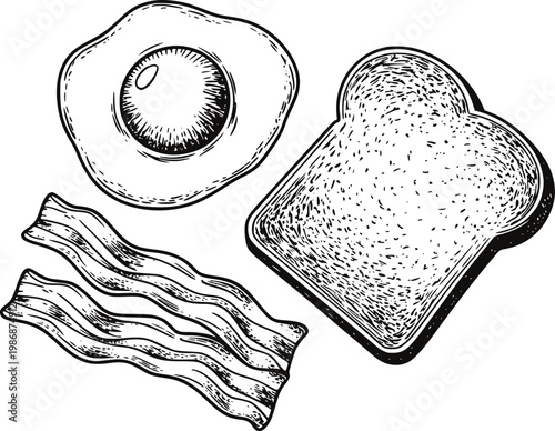 Hand-drawn of fried egg, bacon strips, and toast a white background, breakfast food
