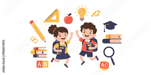A cartoon vector illustration of a happy school boy and girl character having fun while playing with a fire in a drawing style for children education