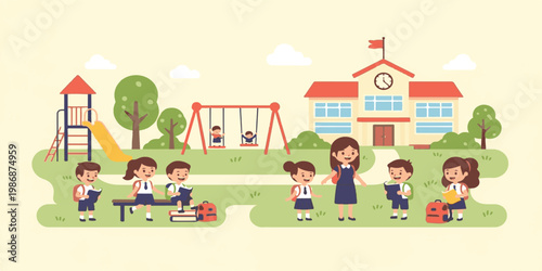 A happy family with a father, mother, and son playing together on a cartoon playground, showing a fun childhood drawing of kids and friends in a vector illustration