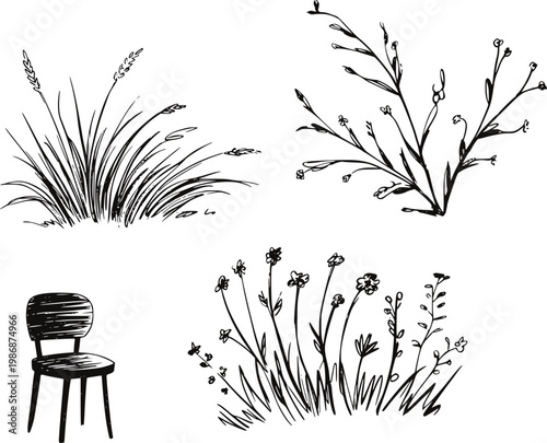 Hand-drawn of grass, wildflowers, and a chair a white background, black isolated