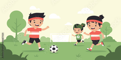 A cartoon vector illustration shows a young boy soccer player in action on the field as the child kicks a ball with fun during a competitive sports game to score a goal for his team