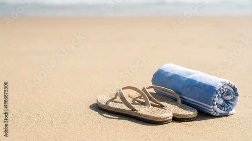Pair of flip flops and rolled beach towel on sandy shore. Summer vacation accessory at seaside. Concept of holiday travel, relaxation by ocean, tropical lifestyle and sunny weekend.