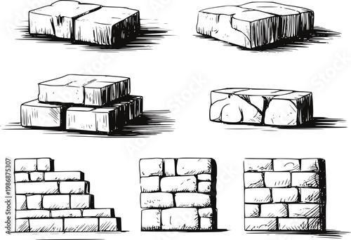 Hand-drawn stone blocks and brick walls, isolated construction