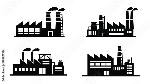Industrial buildings with smokestacks illustrated in a stark silhouette