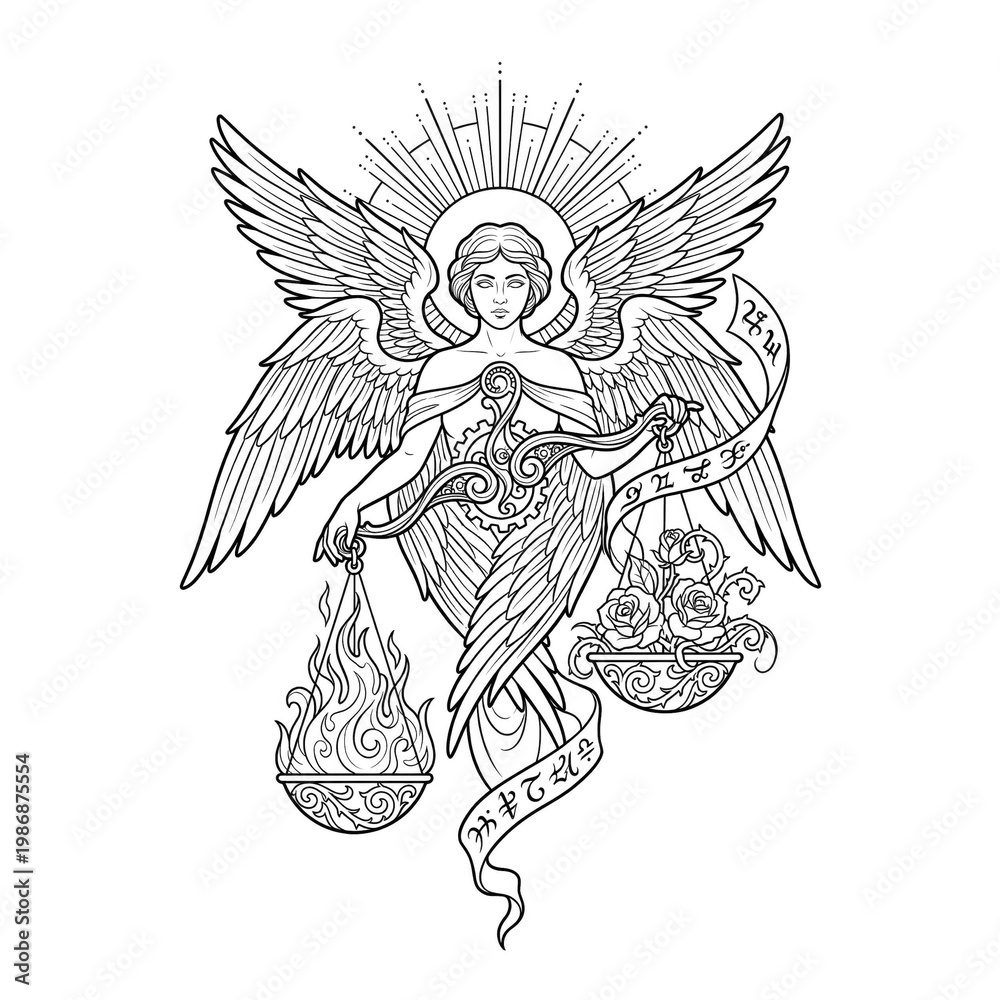 Fototapeta premium Angel of Balance with Fire and Roses Line Art Coloring Page