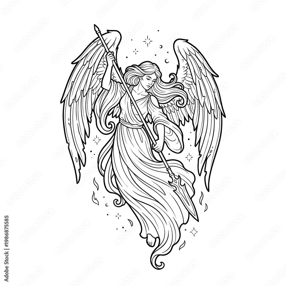 Fototapeta premium Archangel Warrior with Spear Line Art Coloring Page