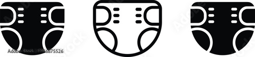 Baby diaper icon set featuring black silhouette and outline nappy designs for infant childcare hygiene newborn clothing and professional parenting medical health supplies.