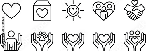 Charity and kindness line icon set featuring vector illustrations of donation box, caring hands, heart symbols, community support, volunteering, and animal welfare for social responsibility projects.