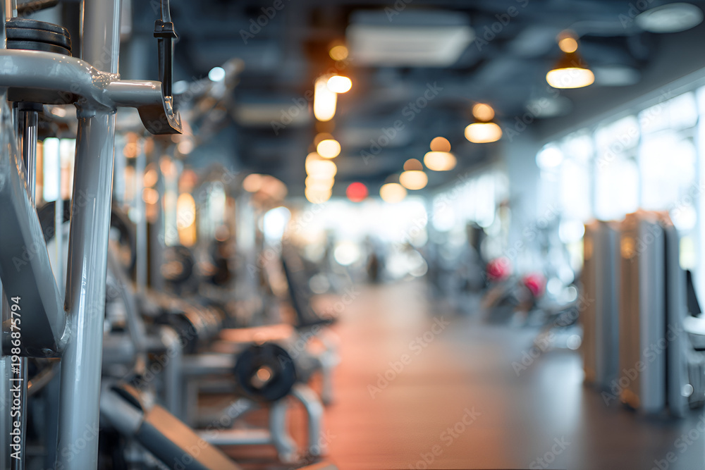 Obraz premium Blurred background of a modern gym with various exercise equipment.