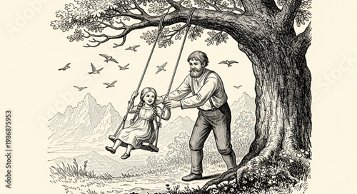 Father Pushing Daughter On Swing Illustration.