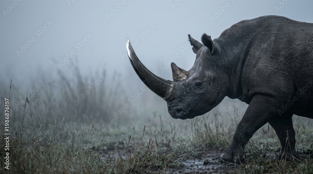 Fototapeta premium Black rhinoceros with blade horn emerging from mist dramatic wildlife fantasy concept