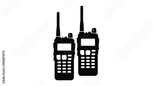 Two black walkie talkies displayed against a white background silhouette