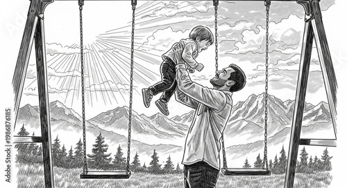 Father Lifting Toddler On Swing In Play.