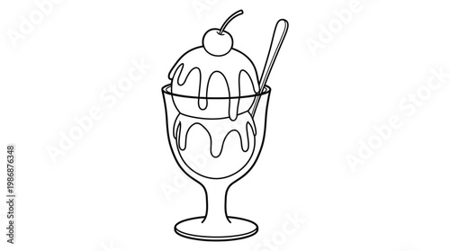 Hand drawn ice cream sundae with cherry, dessert illustration on checkered background.