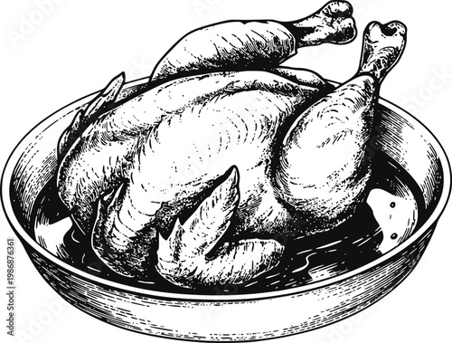Vintage engraving style roasted chicken in serving dish, isolated black and white