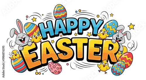 A festive 'Happy Easter' greeting card vector illustration with cheerful Easter bunny and chicks characters peering over the bold typography, set against a clean white backdrop