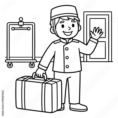 Young bellhop waving while holding suitcase near hotel entrance  coloring pages