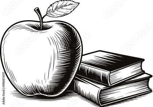 Vintage of an apple with a leaf next to a stack of books education knowledge learning