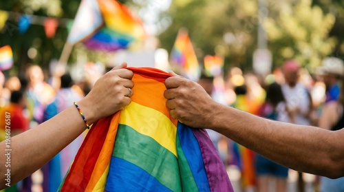Woman and man holding rainbow flag at pride parade. Couple celebrating lgbtq equality and gay rights movement during street march. Community support and diversity advocacy celebration.