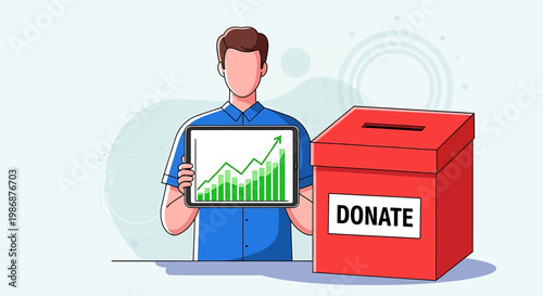 Man holding tablet with green graph standing next to red donate box on light blue background with abstract shapes