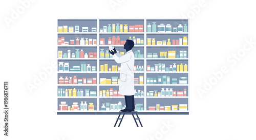 A pharmacist in a white lab coat standing on a ladder examining a bottle on a high shelf in a pharmacy with many colorful bottles and jars