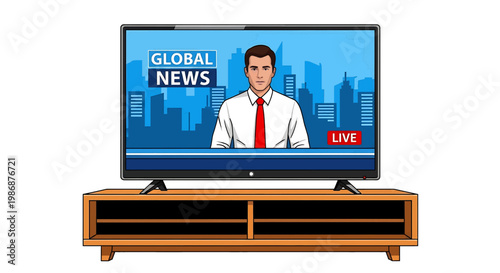 Illustration of a news anchor on a television screen with a cityscape background and a wooden tv stand
