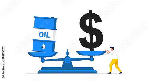 Man pushing large dollar sign on a scale to weigh against oil barrels on the other side